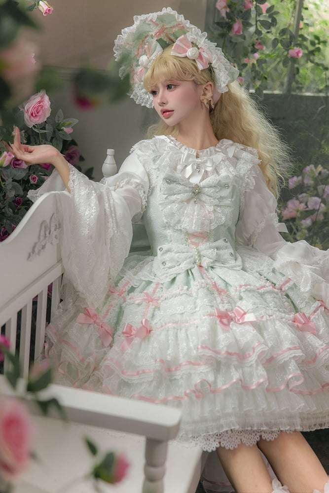 Mint Green Bows Layered Hime Lolita Jumper Skirt Set - Huating | CoyBunny