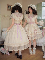 Beige Rosette Jacquard OP Dress with Ruffles - With PUJI | CoyBunny