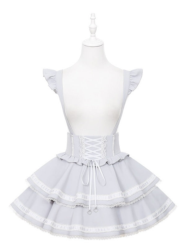 Light Dusty Blue Double-Layer Overall Skirt with Lace Trim - Puppet Bombs | CoyBunny