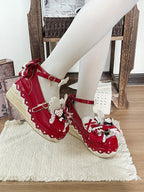 Wine Red Lace Bowknot Platform Shoes with Rabbit Ears - Cheese Mango | CoyBunny
