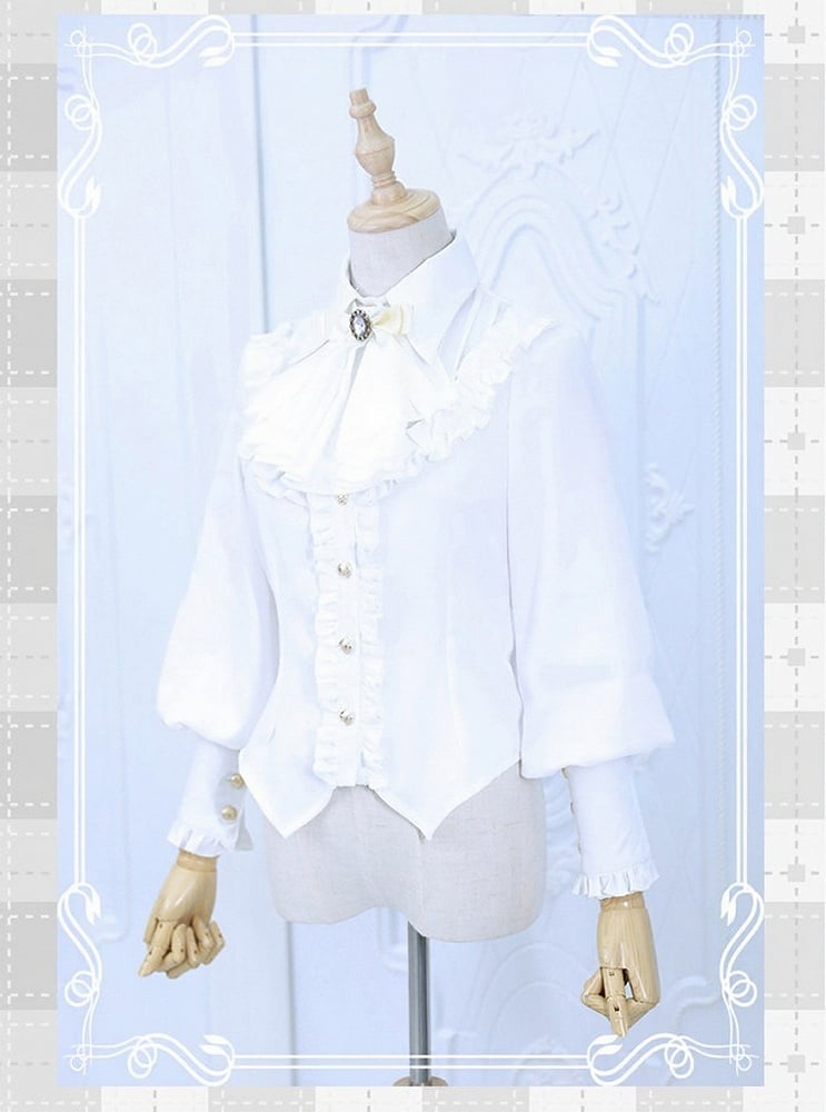 White Long Sleeve Flounce Hem Elegant Lolita Blouse with Puff Sleeves | CoyBunny