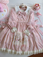 Pink Peter Pan Collar Bear & Cake Print Long-Sleeve OP Dress - Honey Village | CoyBunny