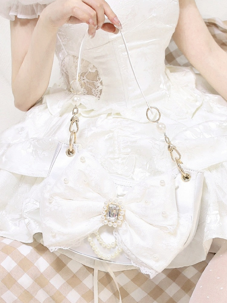 Sweet Lolita Satin Shoulder Bag with Sparkling Beaded Bow - Sheep Puff Bag | CoyBunny