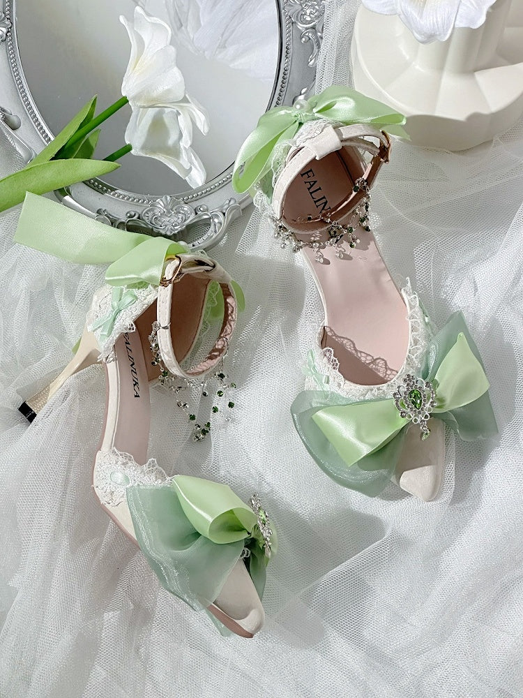Emerald Pointed Lolita Heels with Lace Ankle Strap - Miaomiao Just for You | CoyBunny