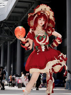 Red Ruffled Sweet Lolita Fluffy OP Dress Full Set | CoyBunny
