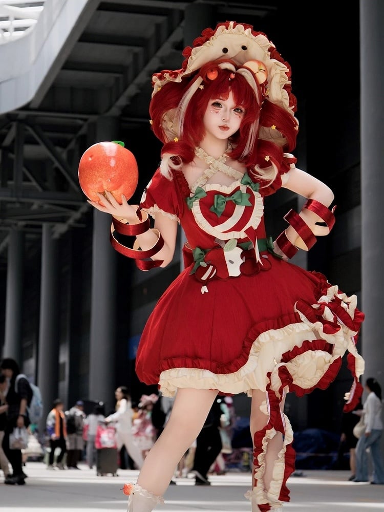 Red Ruffled Sweet Lolita Fluffy OP Dress Full Set | CoyBunny