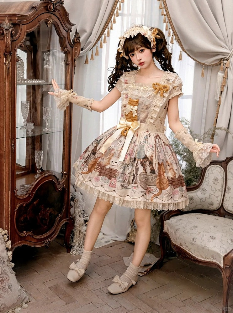 Beige Cat Print Square Neckline Sweet Lolita JSK Dress with Plush Cat Patch - NyaNya | CoyBunny