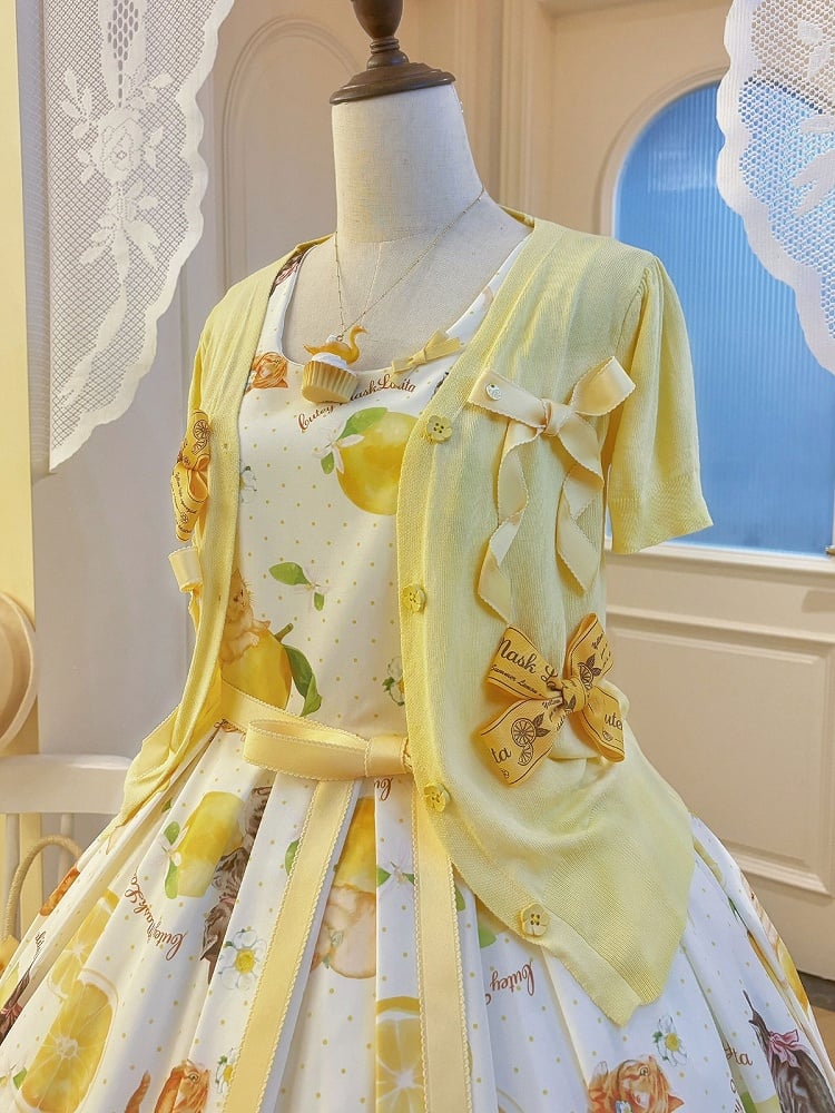 Yellow Sweet Lolita Floral Print Jumper Dress with Cat Motif - Cutey Mask | CoyBunny