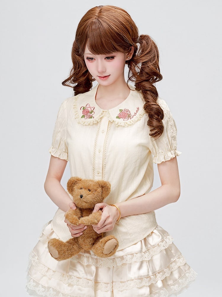 Pink Rosette Embroidery Collar Cream Short Sleeve Blouse - Dream Magic Box | CoyBunny