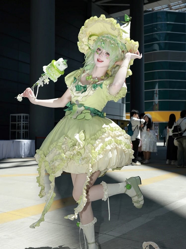 Green Ruffled Sweet Lolita Fluffy OP Dress Full Set | CoyBunny