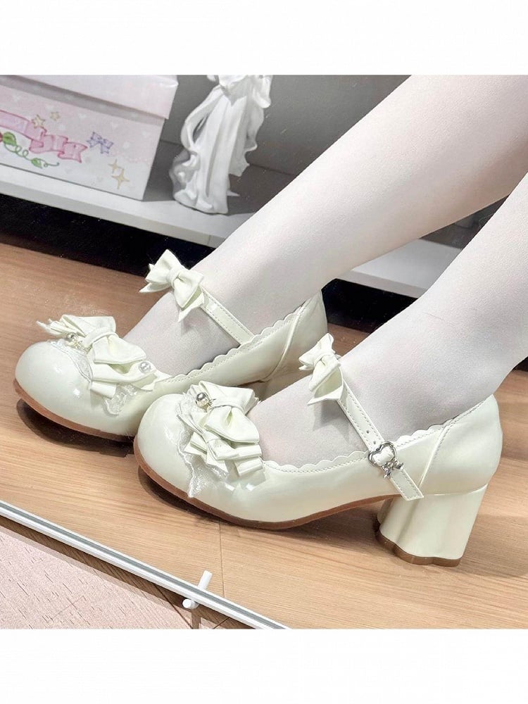 White Lolita Bow Pearl Round Toe Shoes - Sweet Mist | CoyBunny