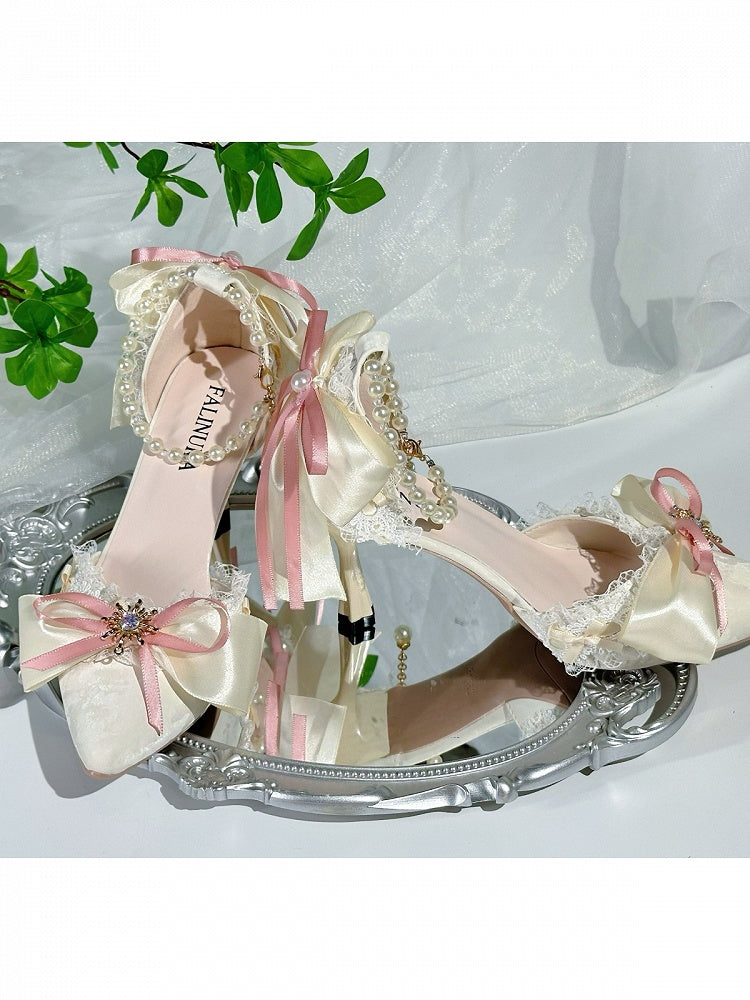 Beige Lace Trim Pointed Toe Lolita Shoes with Pink Bow - Miaomiao Just for You | CoyBunny