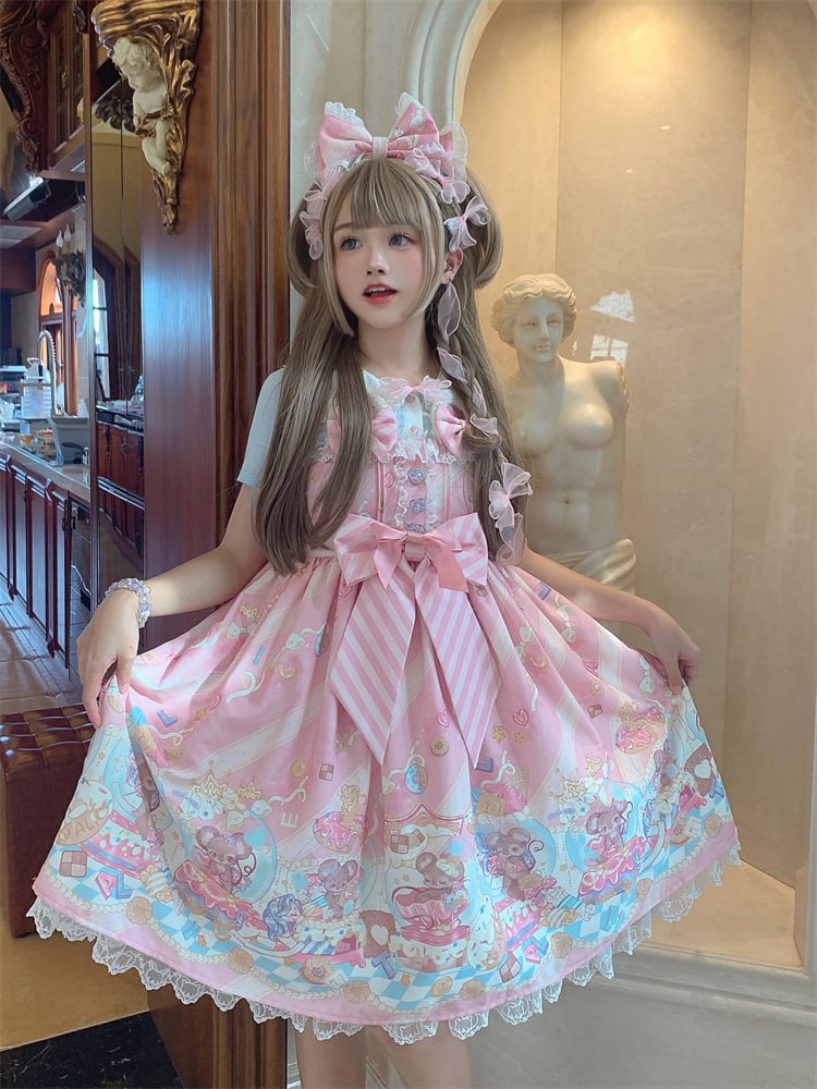 Ears Bow Pink Big Neckline JSK Sweet Lolita Dress Adorable Mouse Print Mouse Design - To Alice | CoyBunny