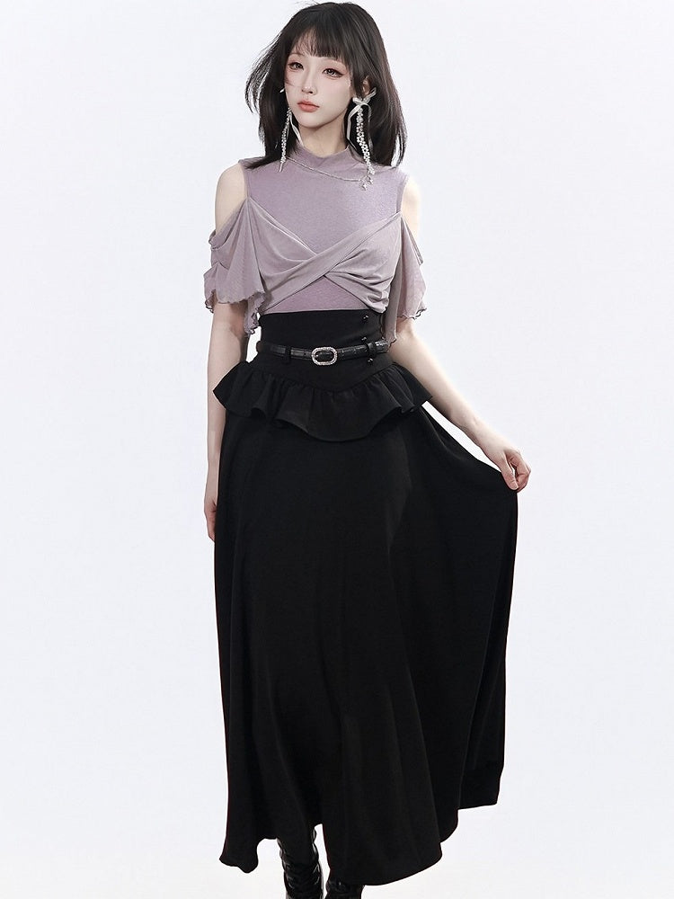 Black Ruffle Trim Long Skirt - PINK SAVIOR | CoyBunny