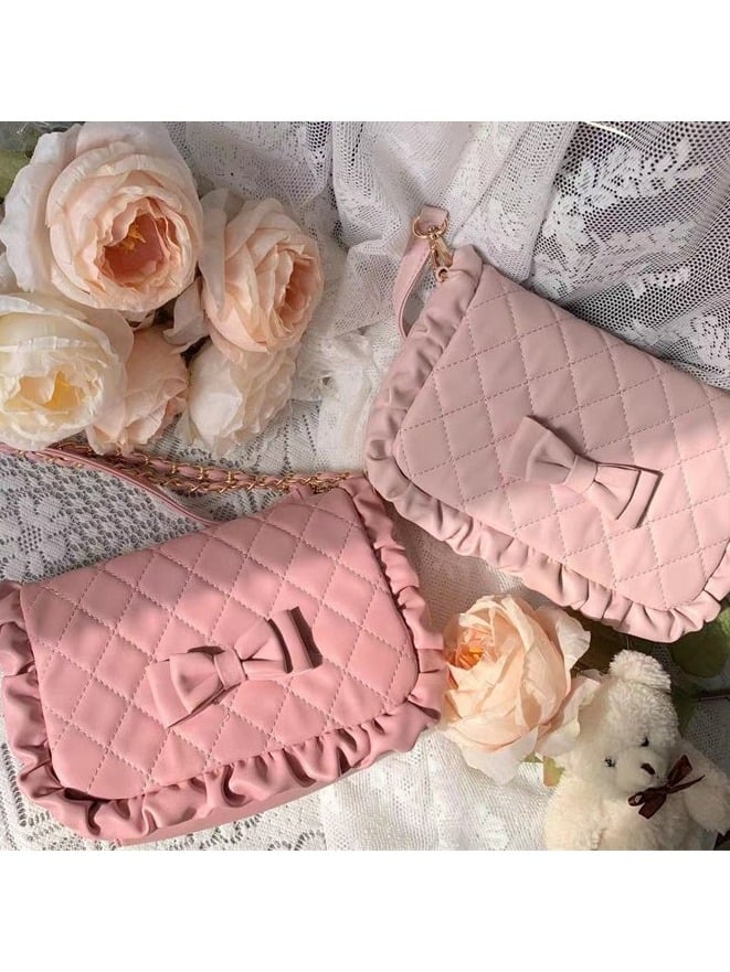 Light Pink Crossbody Lolita Bag with Diamond Pattern and Bows - Seraphim | CoyBunny