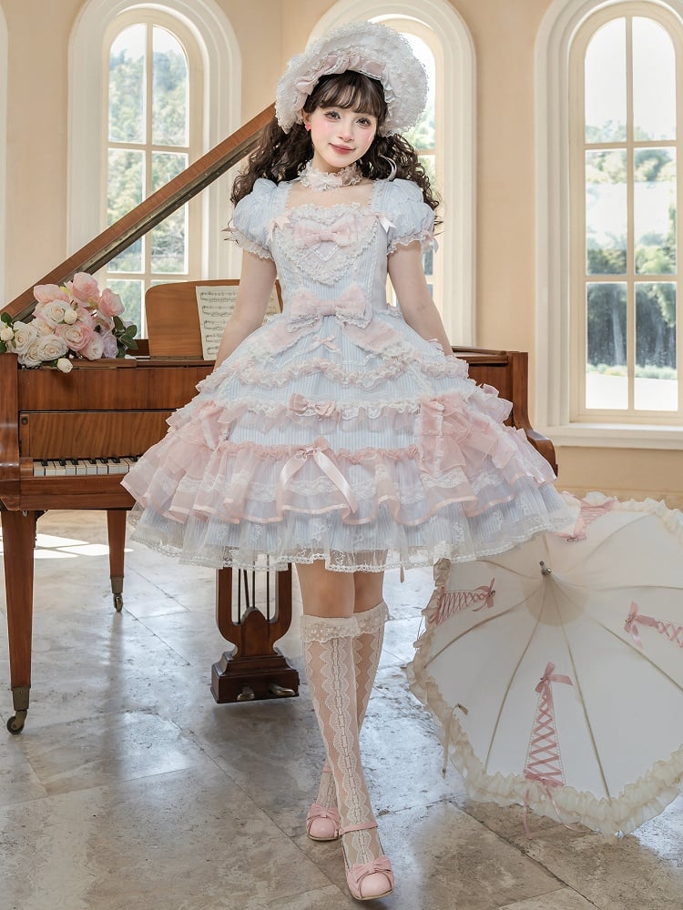 Short Sweet Lolita Princess and Details Bows Pink Blue Striped Dress Bead Sleeves - Mademoiselle | CoyBunny