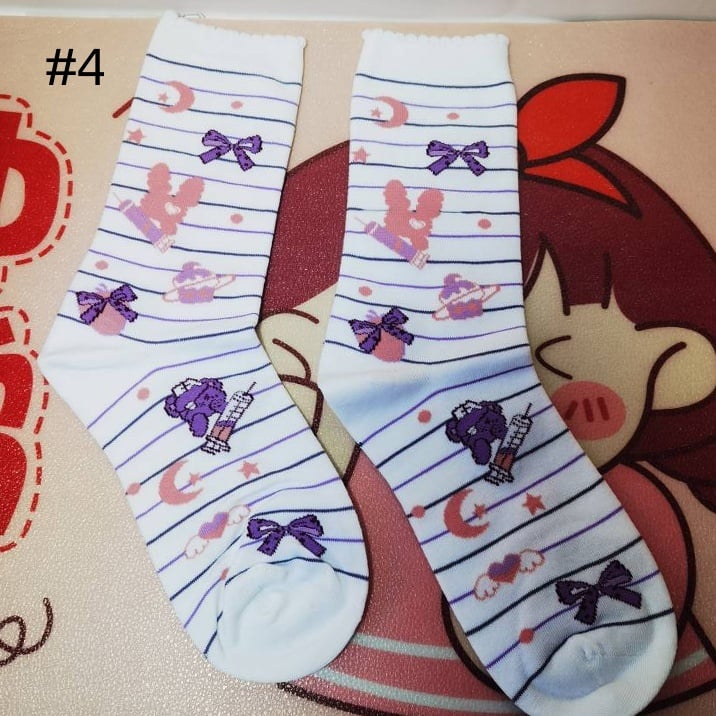 Sweet Lolita Calf Socks with Cake, Strawberry and Bow Print | CoyBunny