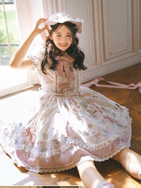 Sweet Lolita OP Dress Set with Puff Sleeves, Bear Print and Floral Embroidery - Treasure House | CoyBunny