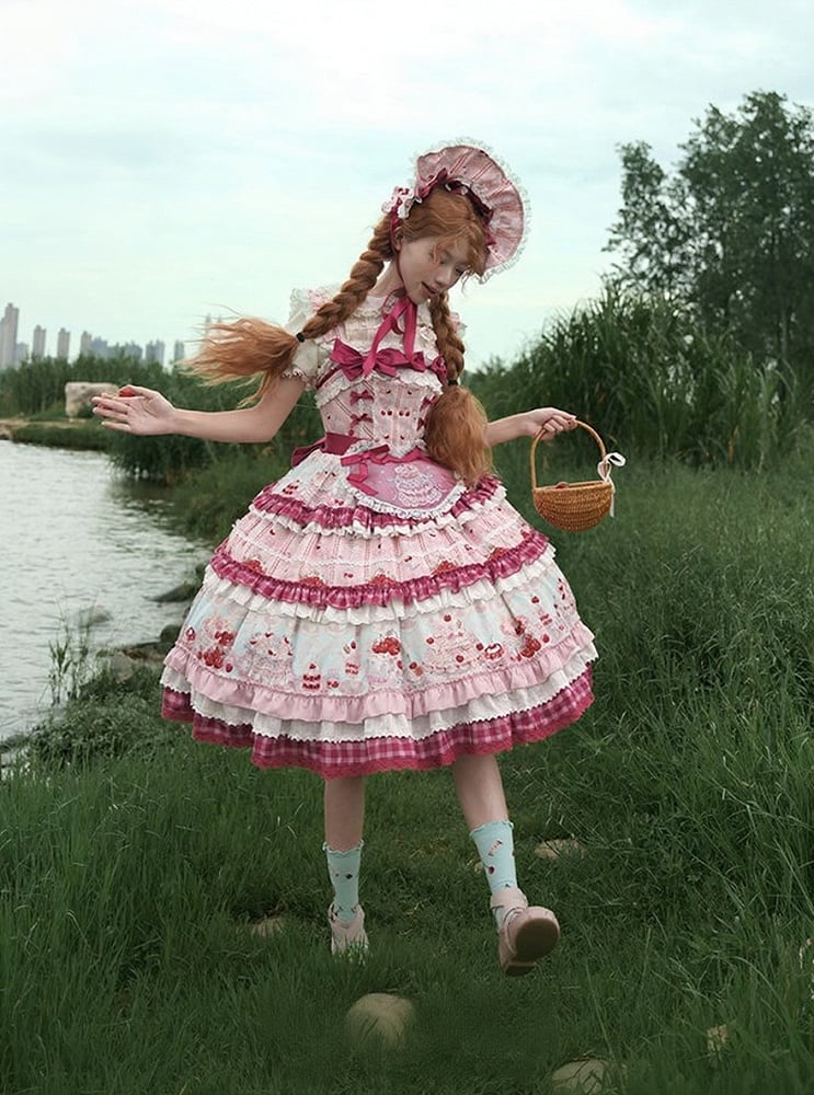 Pink Cherry Cake Print Sweet Lolita Dress with Layered Ruffles - Strawberry Fantasy | CoyBunny
