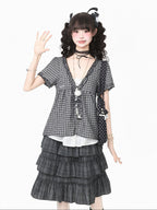 Gray Plaid V Neck Short Sleeve Top - Languid Park | CoyBunny