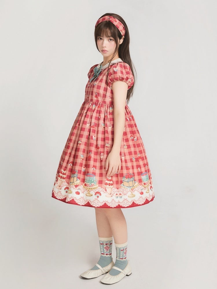 Red High-Waisted Cherry and Dessert Sweet Lolita Gingham Dress | CoyBunny