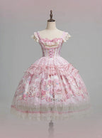 Pink Deer & Floral Print Flutter Sleeves Sweet Lolita JSK Dress with Overlay - Honey Machine | CoyBunny