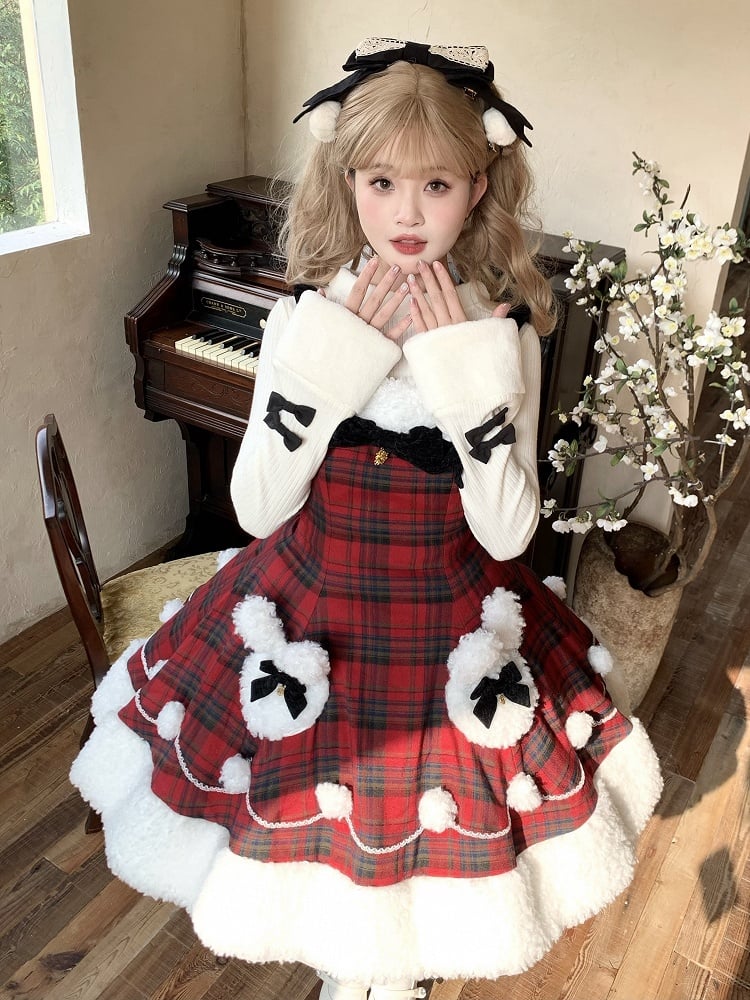 Red Plaid Pattern Winter Bunny Theme Christmas Lolita Dress Plush Neckline and Hemline | CoyBunny