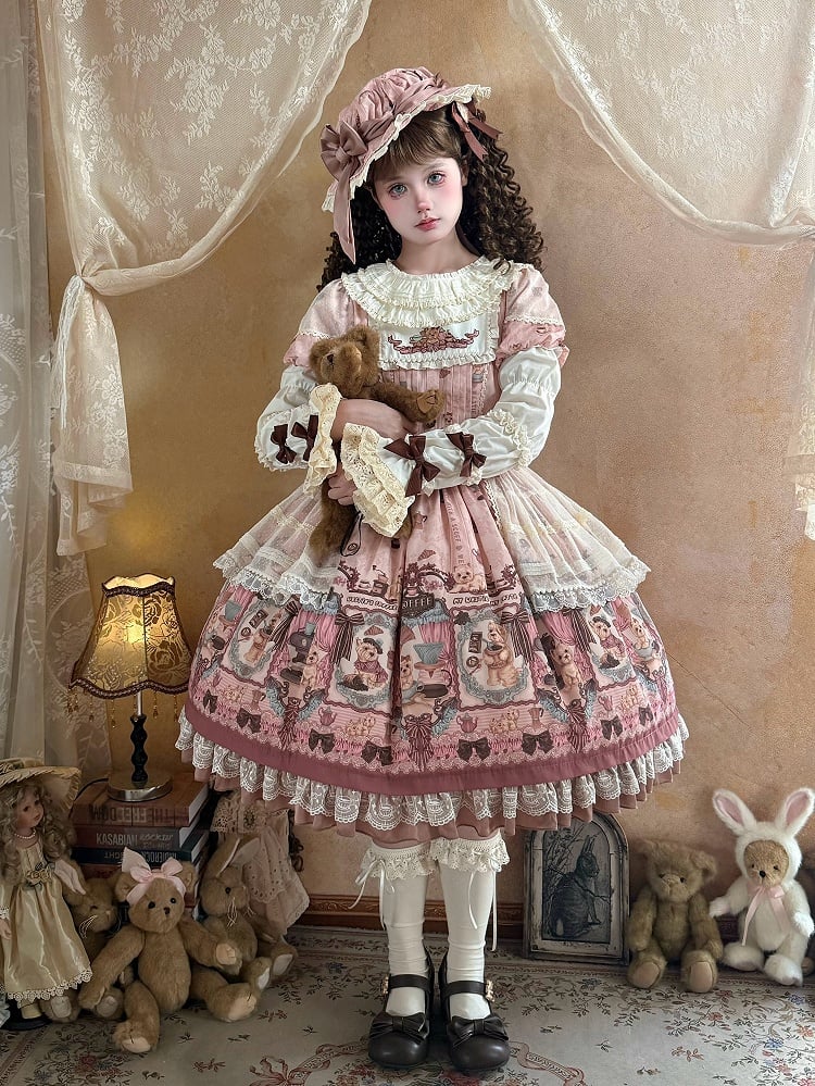 Puppy Coffee Shop Print Pink Sweet Lolita OP Dress with Detachable Sleeves - Stars Fall on the Foggy Island | CoyBunny