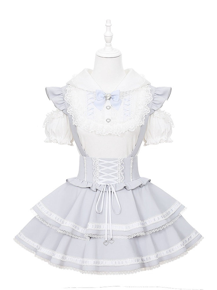 Light Dusty Blue Double-Layer Overall Skirt with Lace Trim - Puppet Bombs | CoyBunny