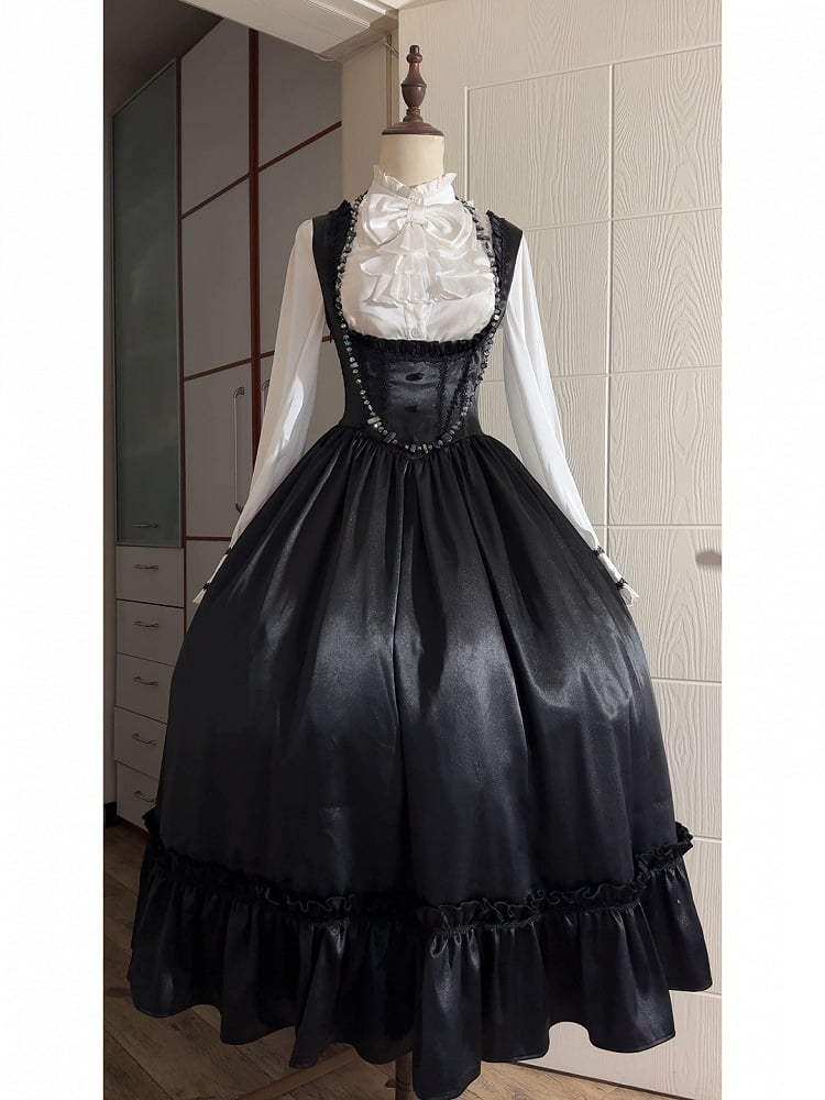 Black Satin Basque Waist Under Bust Classic Lolita JSK - Alice in Wonderland Lolita | CoyBunny