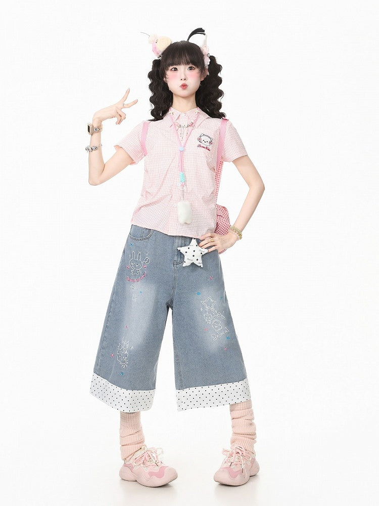 Pink Gingham Polo Short Sleeve Fitted Shirt Embroidery | CoyBunny