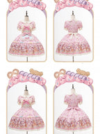 Bear Cake Theme Sweet Lolita OP Dress with Floral Print Skirt & Lace Trim - Mewroco | CoyBunny