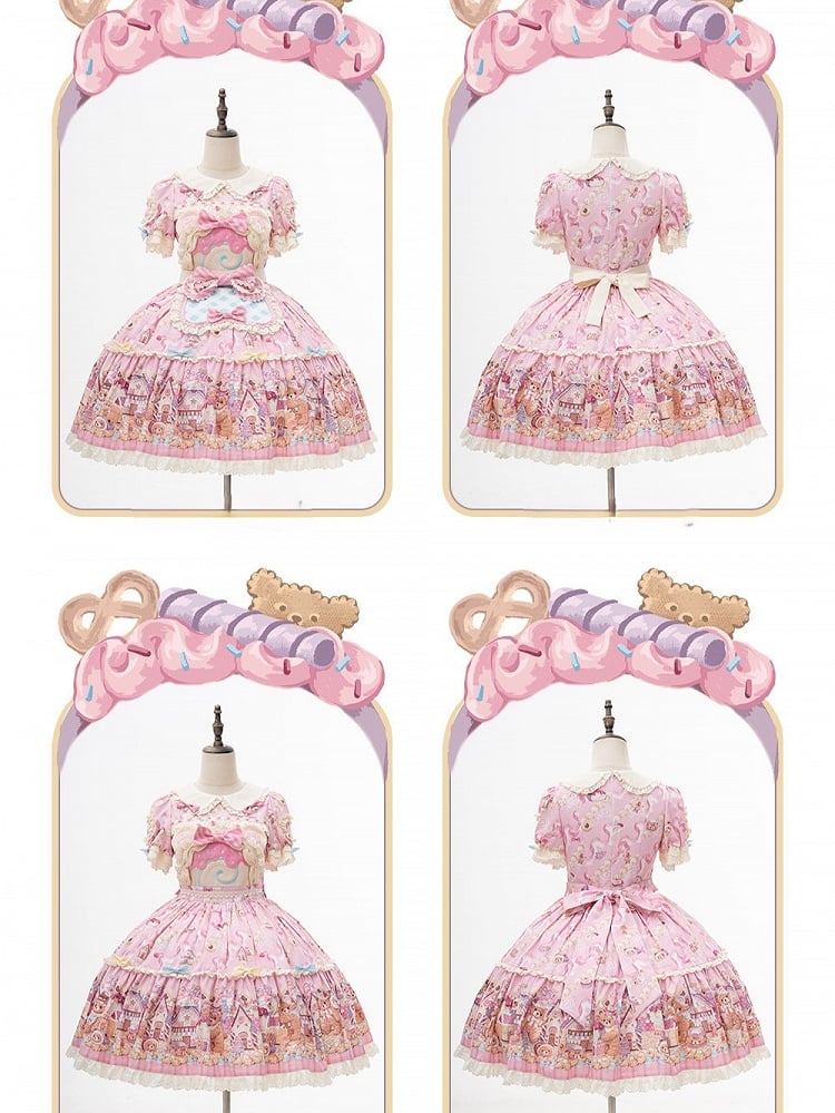 Bear Cake Theme Sweet Lolita OP Dress with Floral Print Skirt & Lace Trim - Mewroco | CoyBunny