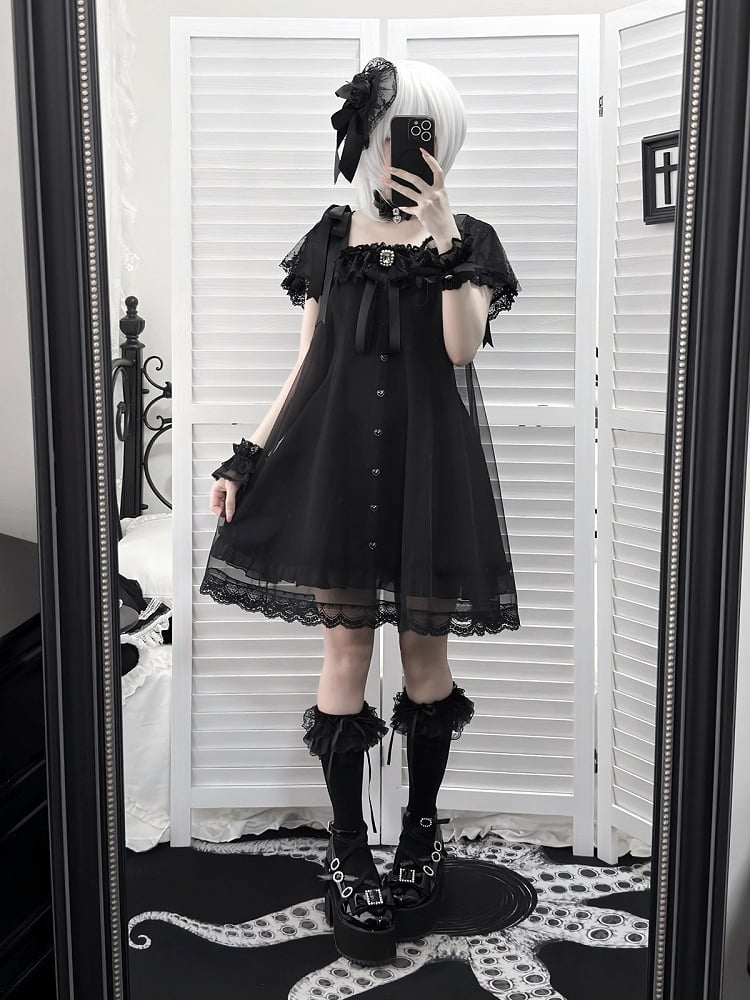 Gothic Square Neck Dress with Bow Accents - Ekomi | CoyBunny
