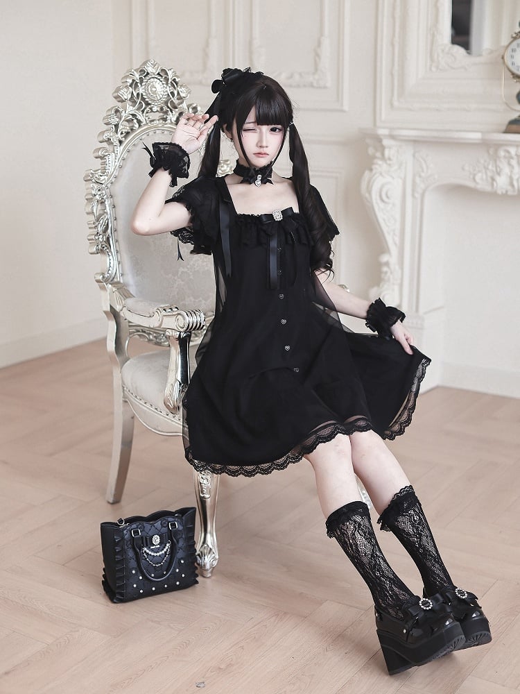 Gothic Square Neck Dress with Bow Accents - Ekomi | CoyBunny