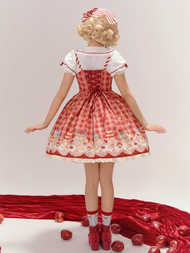 Red Gingham Print Cherry and Dessert Sweet Lolita Jumper Skirt | CoyBunny