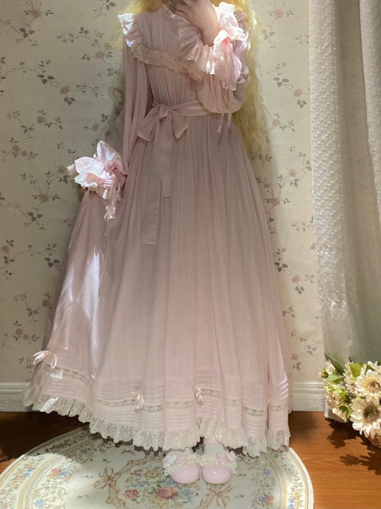 Lace Trim Long Sleeve OP Dress with Ruffles, Pink Lolita Style - Hua Xia Miao | CoyBunny