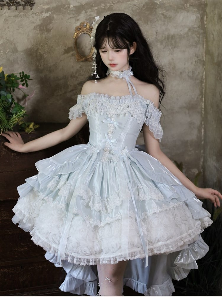 Hime Basque Flower Lace Layered Fluffy Lolita Dress Blooming with Blue Accents Waist | Sheer Ocean | CoyBunny