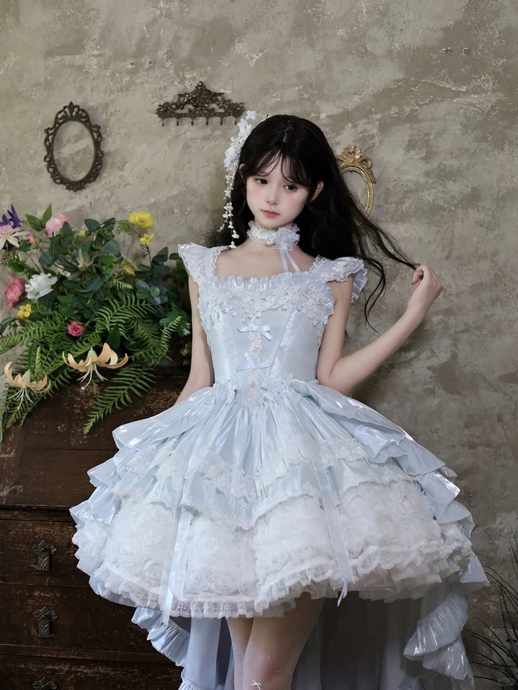 Hime Basque Flower Lace Layered Fluffy Lolita Dress Blooming with Blue Accents Waist | Sheer Ocean | CoyBunny