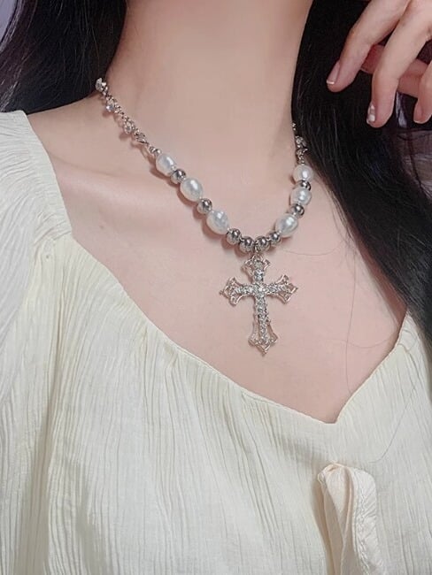 White Silver Cross Pearl Necklace - WhaleHall | CoyBunny