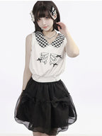 White Gingham Peter Pan Collar Tank with Cartoon Print - PINK SAVIOR | CoyBunny
