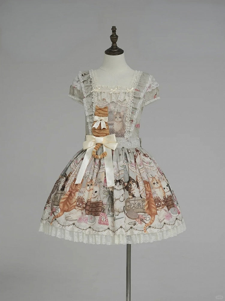 Green Cat Print Square Neckline Sweet Lolita JSK Dress with Plush Cat Patch - NyaNya | CoyBunny