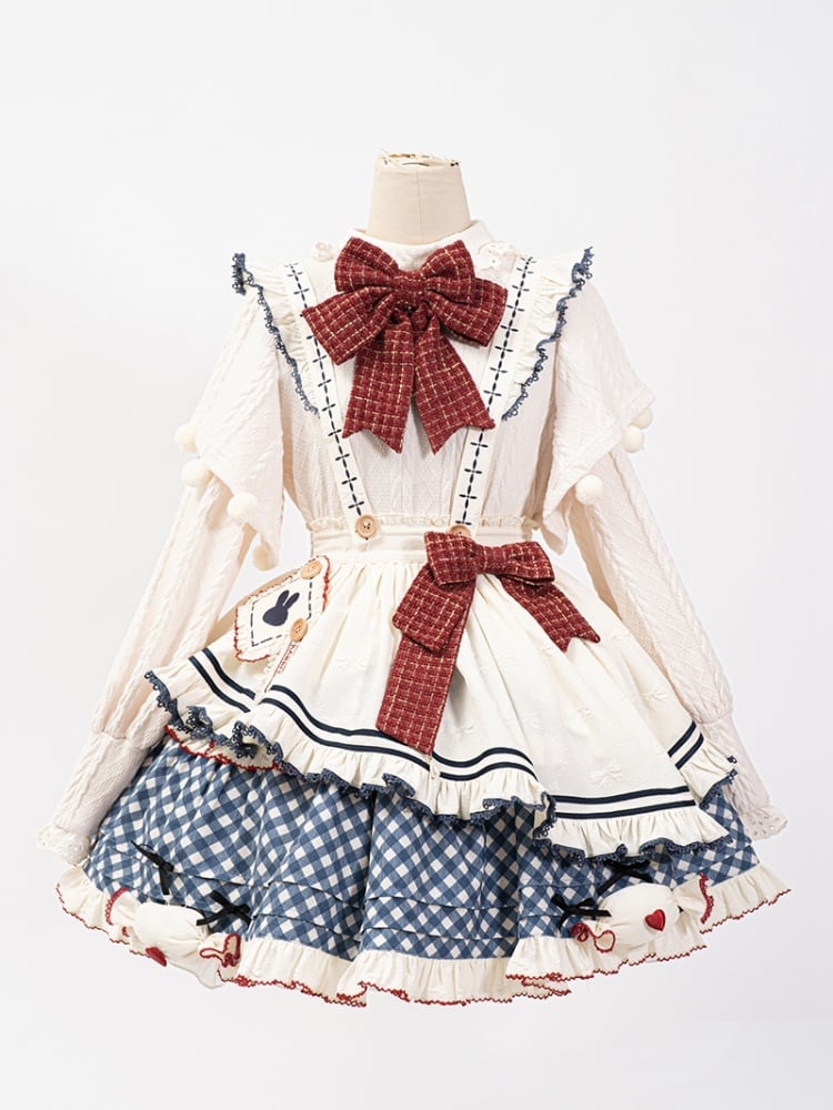 White Long-Sleeve Knitted Top Apron Blue Plaid Print Skirt Sweet Lolita Full Set | CoyBunny