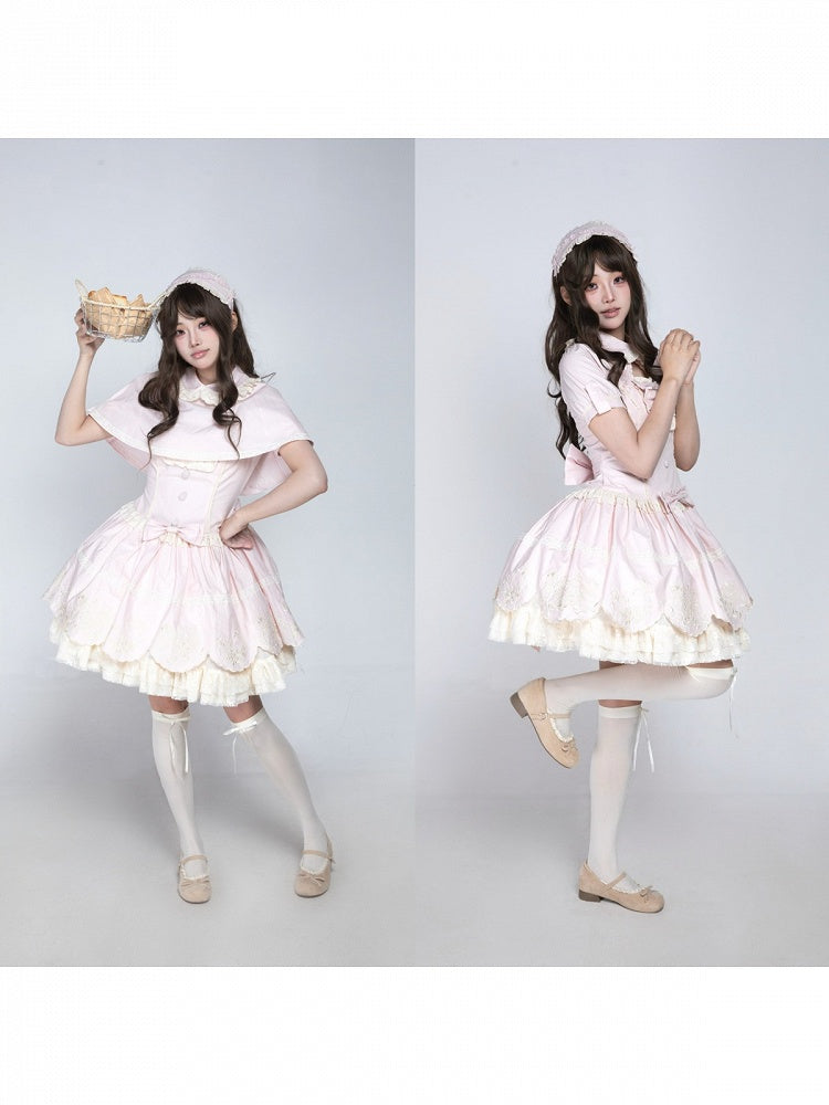 Pink Old School Lolita Cotton OP Dress with Embroidered Scallop Trim Skirt - Secret Tea Party | CoyBunny