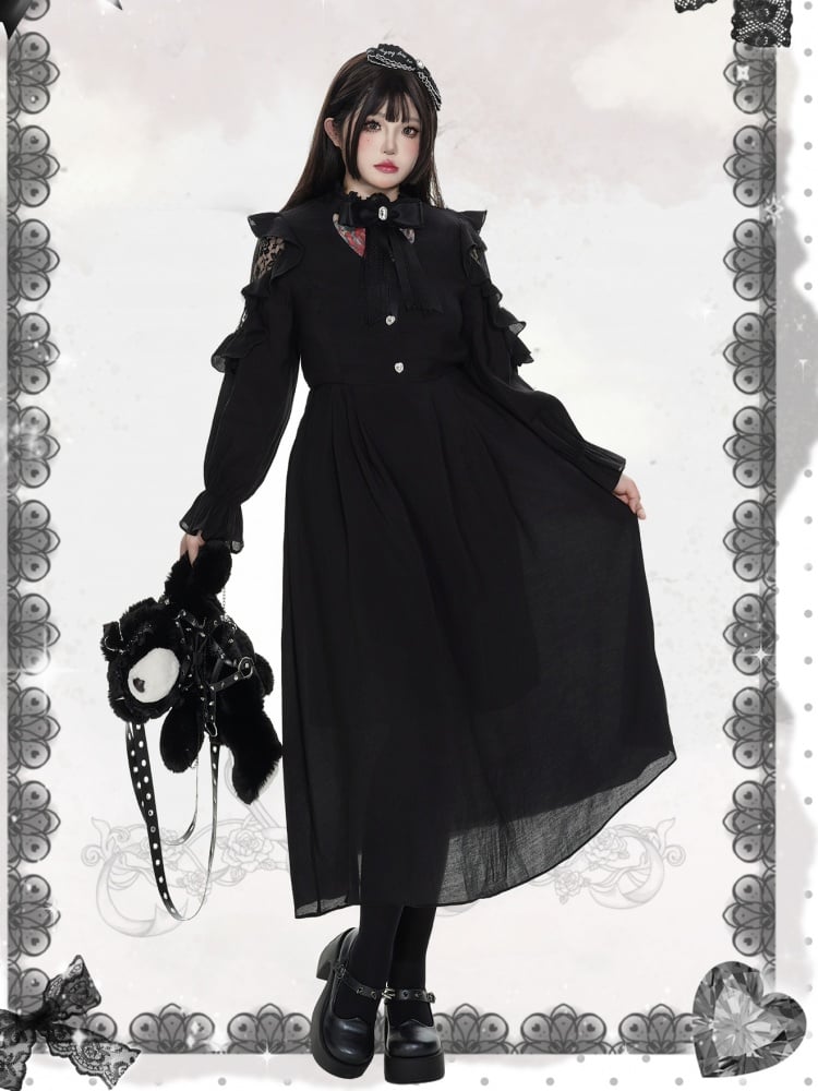 Plus Size Heart Button Black Lace Patched Long Dress | CoyBunny
