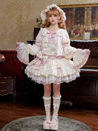 Beige & Pink Low Waist Dollcore Lolita OP Dress with Cat Print & Ribbon - Mirror Ragdoll | CoyBunny