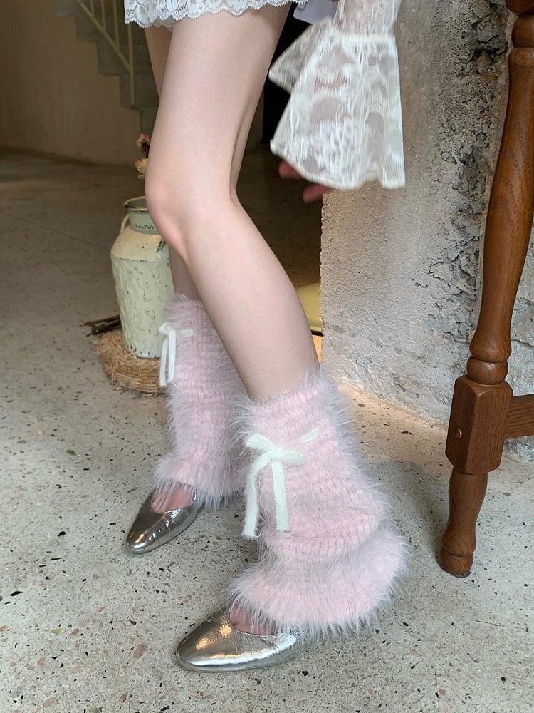Fluffy Knit Bow Leg Warmers - Sweet Lolita Kawaii Accessory | LilyVow | CoyBunny