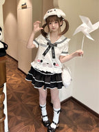 Cute Seal White Sailor Collar Short Sleeve T-Shirt with Bow and Ruffle - To Alice | CoyBunny