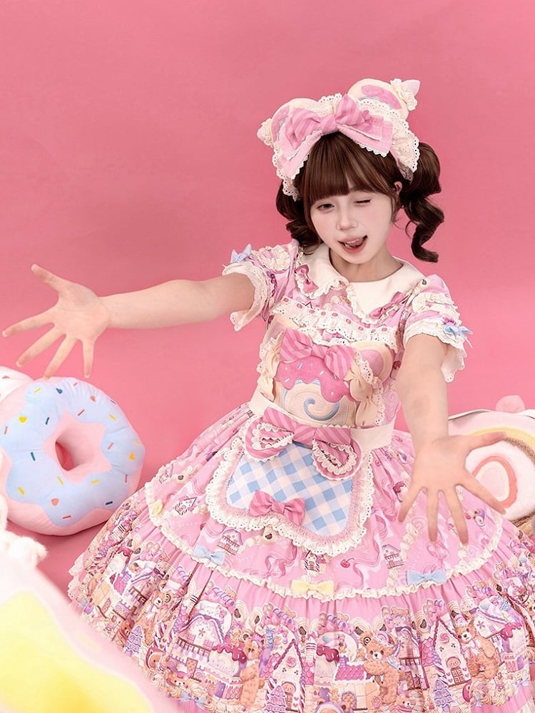 Bear Cake Theme Sweet Lolita OP Dress with Floral Print Skirt & Lace Trim - Mewroco | CoyBunny