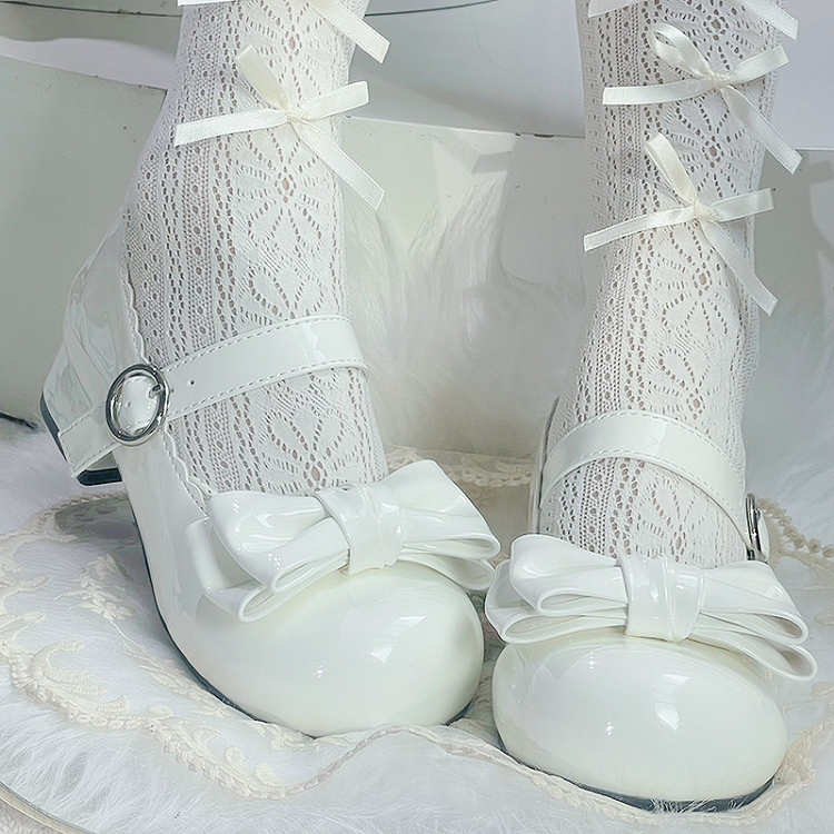 White Sweet Lolita Bow Block Heel Mary Janes by XIN MENG | CoyBunny